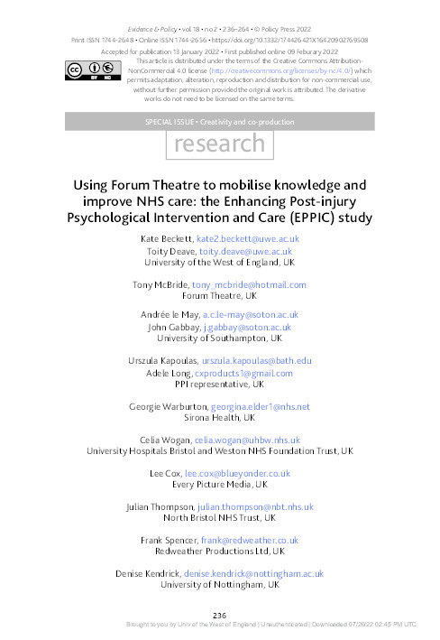 Using forum theatre to mobilise knowledge and improve NHS care: The Enhancing Post-injury Psychological Intervention and Care (EPPIC) study Thumbnail
