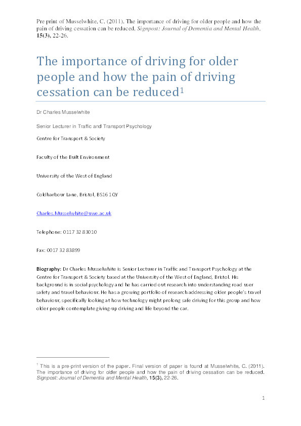 The importance of driving for older people and how the pain of driving cessation can be reduced Thumbnail