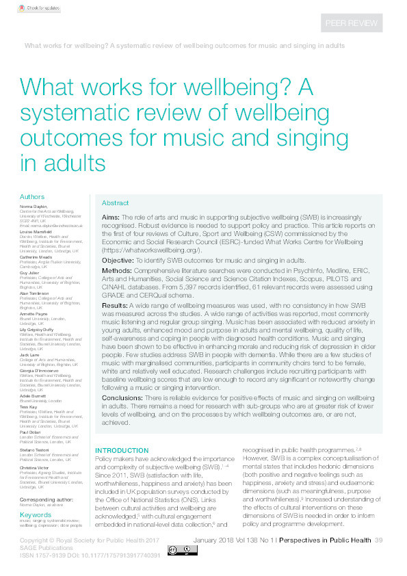 What works for wellbeing? A systematic review of wellbeing outcomes for music and singing in adults Thumbnail