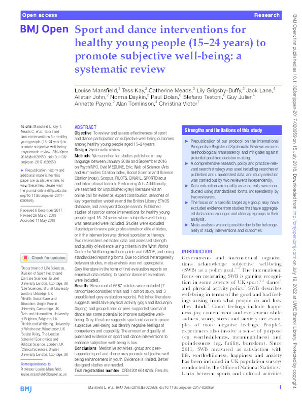Sport and dance interventions for healthy young people (15-24 years) to promote subjective well-being: A systematic review Thumbnail