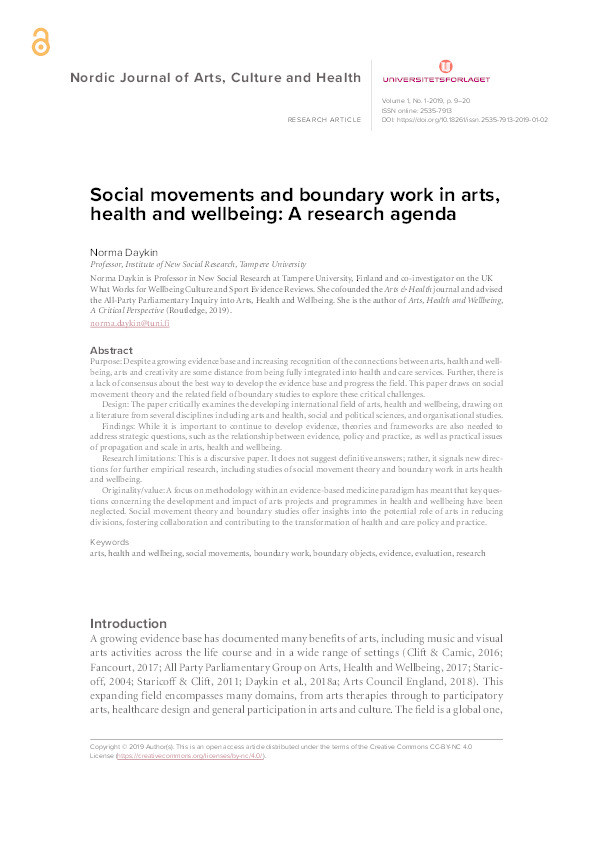 Social movements and boundary work in arts, culture and health Thumbnail