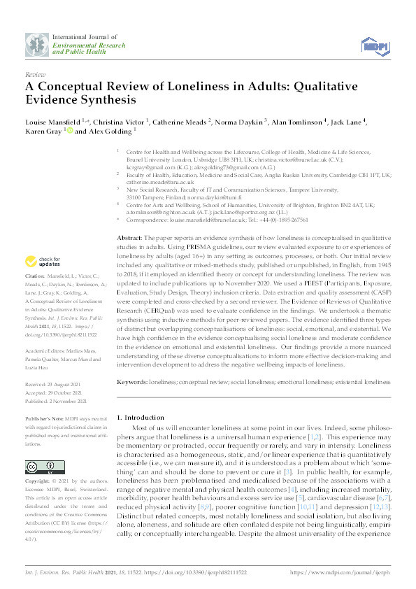 A conceptual review of loneliness in adults: Qualitative evidence synthesis Thumbnail