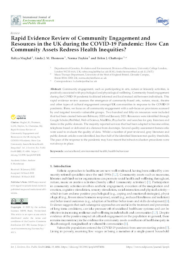Rapid evidence review of community engagement and resources in the UK during the COVID-19 pandemic: How can community assets redress health inequities? Thumbnail