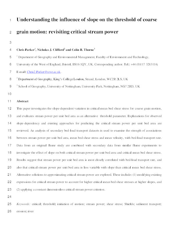 Understanding the influence of slope on the threshold of coarse grain motion: Revisiting critical stream power Thumbnail