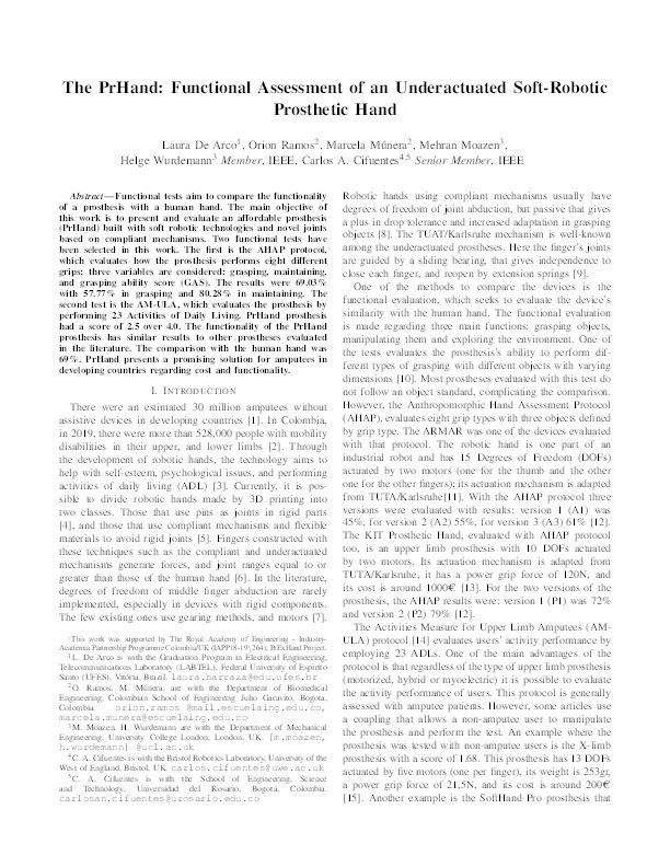 The PrHand: Functional assessment of an underactuated soft-robotic prosthetic hand Thumbnail