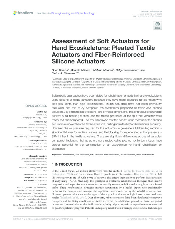 Assessment of soft actuators for hand exoskeletons: Pleated textile actuators and fiber-reinforced Silicone actuators Thumbnail