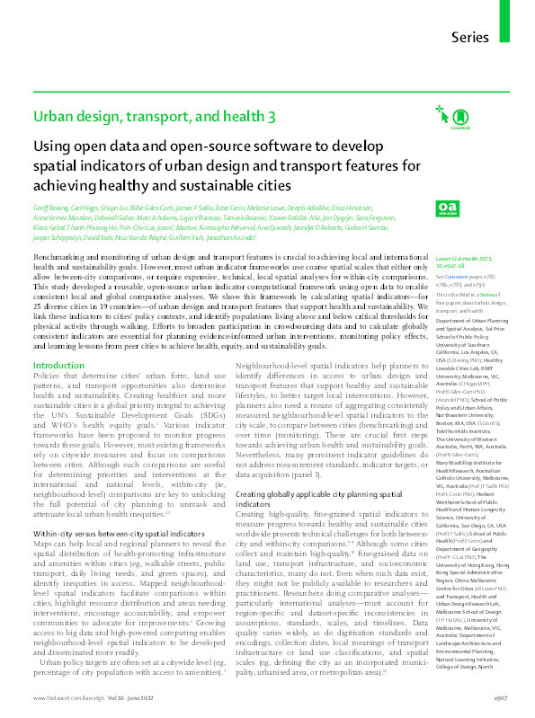 Using open data and open-source software to develop spatial indicators of urban design and transport features for achieving healthy and sustainable cities Thumbnail