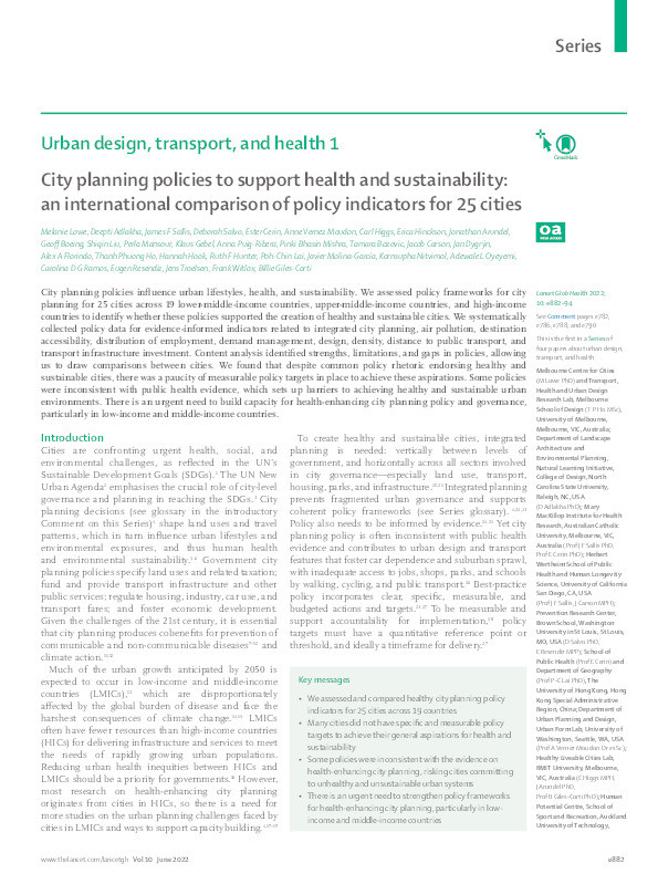 City planning policies to support health and sustainability: an international comparison of policy indicators for 25 cities Thumbnail