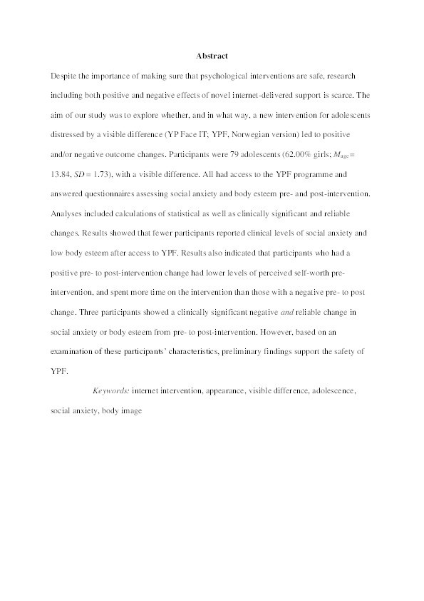 Is it safe? Exploring positive and negative outcome changes following a web-based intervention for adolescents distressed by a visible difference (YP Face IT) Thumbnail