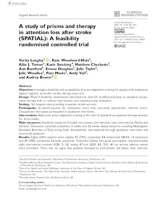 A study of prisms and therapy in attention loss after stroke (SPATIAL): A feasibility randomised controlled trial Thumbnail
