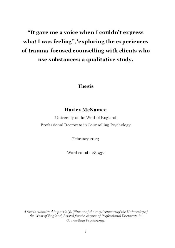 “It gave me a voice when I couldn’t express what I was feeling”, exploring the experiences of trauma-focused counselling with clients who use substances: A qualitative study Thumbnail