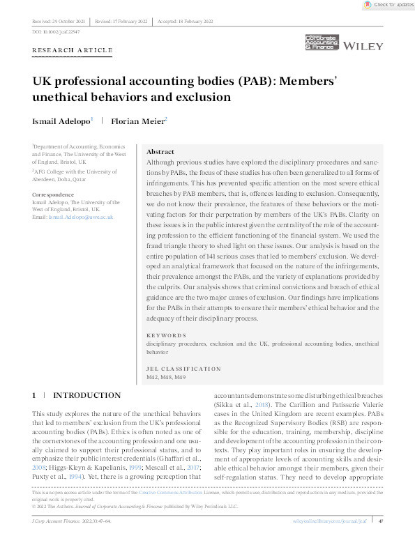 UK professional accounting bodies (PAB): Members’ unethical behaviors and exclusion Thumbnail