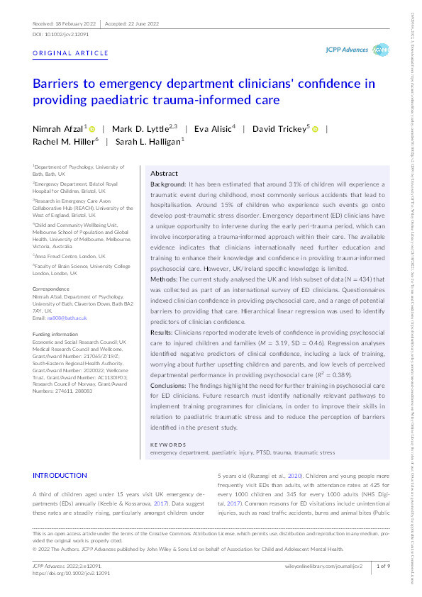 Barriers to emergency department clinicians' confidence in providing paediatric trauma‐informed care Thumbnail