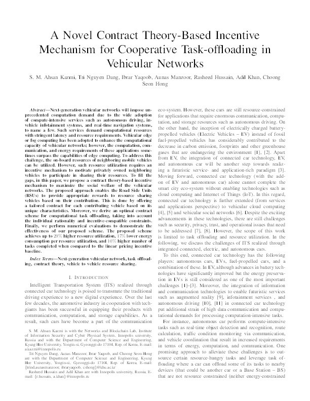 A novel contract theory-based incentive mechanism for cooperative task-offloading in electrical vehicular networks Thumbnail