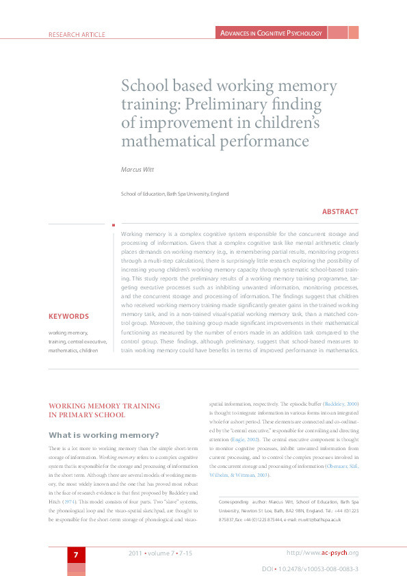 School based working memory training: Preliminary finding of improvement in children's mathematical performance Thumbnail