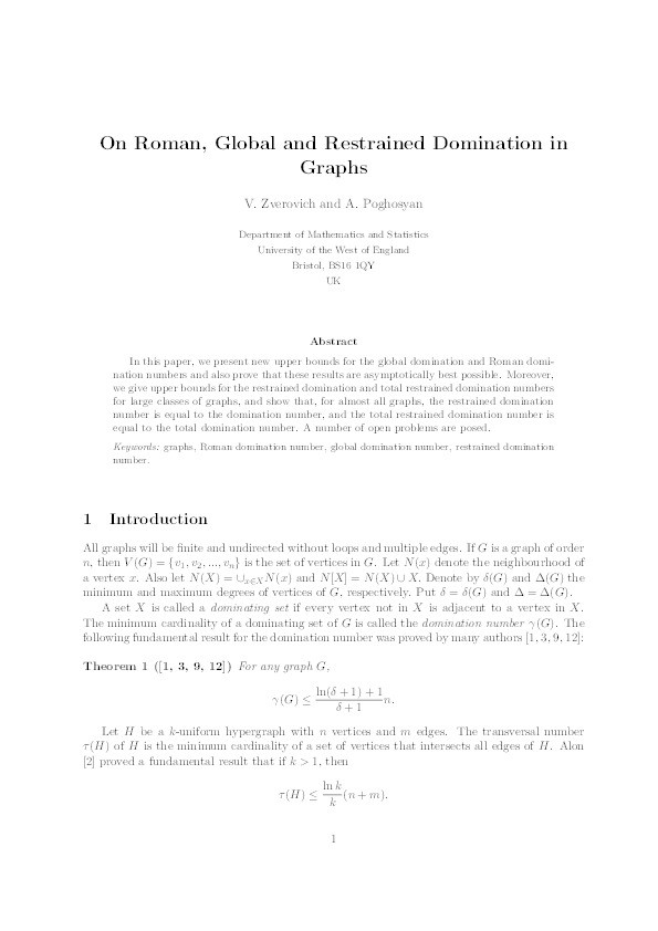On Roman, Global and Restrained Domination in Graphs Thumbnail