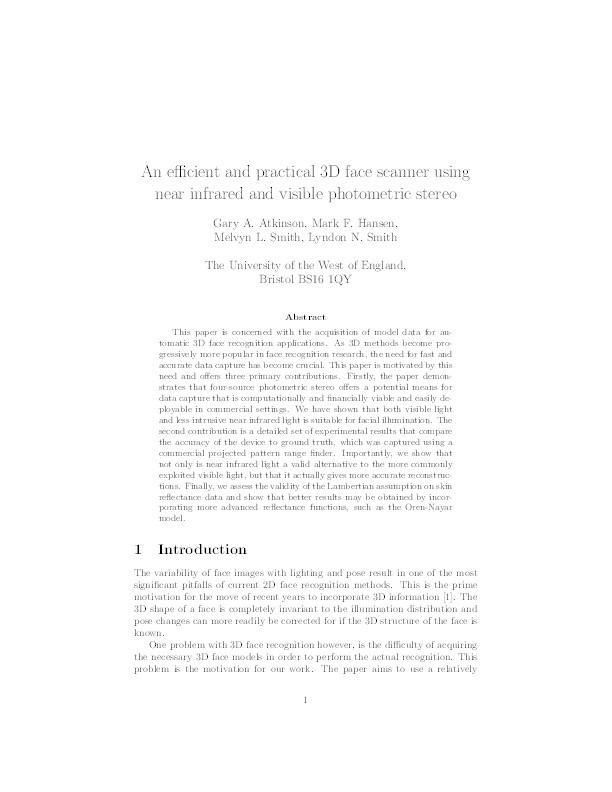 An efficient and practical 3D face scanner using near infrared and visible photometric stereo Thumbnail