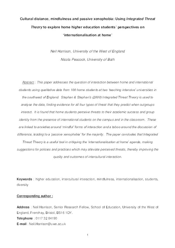 Cultural distance, mindfulness and passive xenophobia: Using Integrated Threat Theory to explore home higher education students' perspectives on 'internationalisation at home' Thumbnail