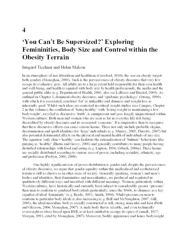 “You can’t be supersized?” – Exploring femininities, body size and control within the obesity terrain Thumbnail