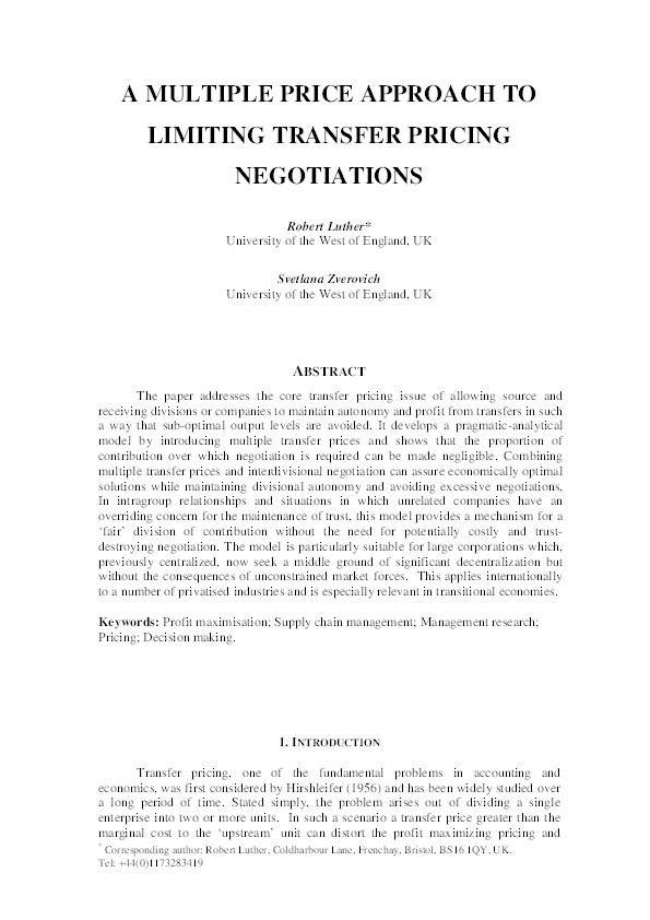 A multiple price approach to limiting intra-group transfer pricing negotiations Thumbnail