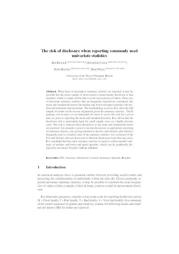 Risk of disclosure when reporting commonly used univariate statistics Thumbnail