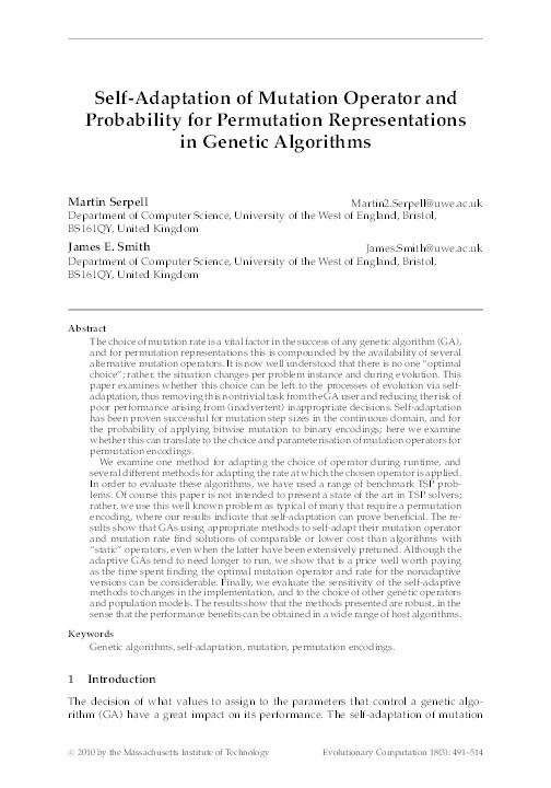Self-adaptation of mutation operator and probability for permutation representations in genetic algorithms Thumbnail