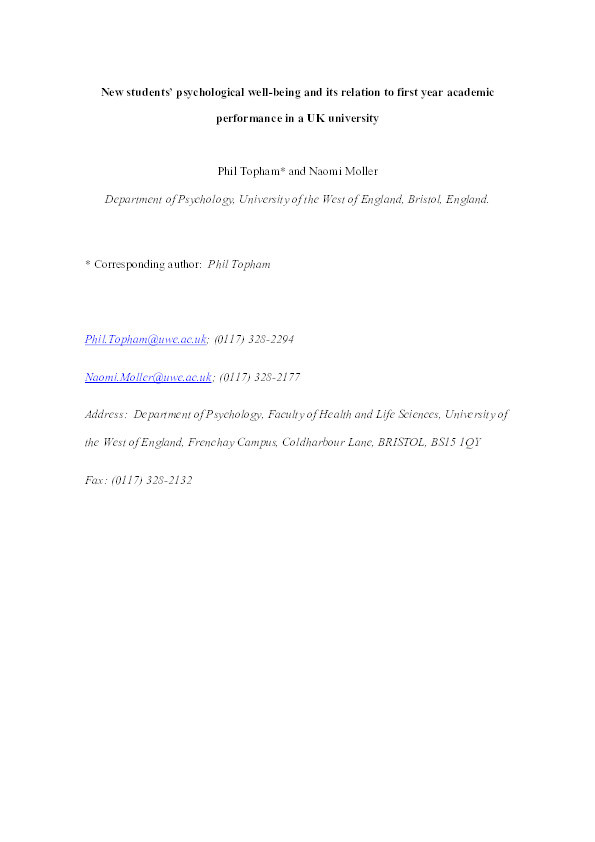 New students' psychological well-being and its relation to first year academic performance in a UK university Thumbnail