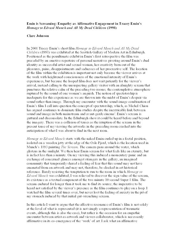 Emin is screaming: Empathy as affirmative engagement in Tracey Emin's Homage to Edvard Munch and All My Dead Children (1998) Thumbnail