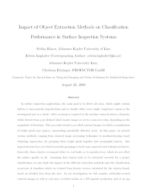 Impact of object extraction methods on classification performance in surface inspection systems Thumbnail