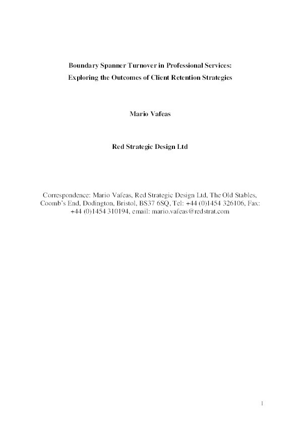 Boundary spanner turnover in professional services: Exploring the outcomes of client retention strategies Thumbnail