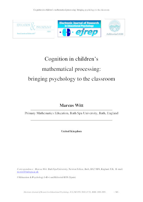 Cognition in children's mathematical processing: Bringing psychology to the classroom Thumbnail