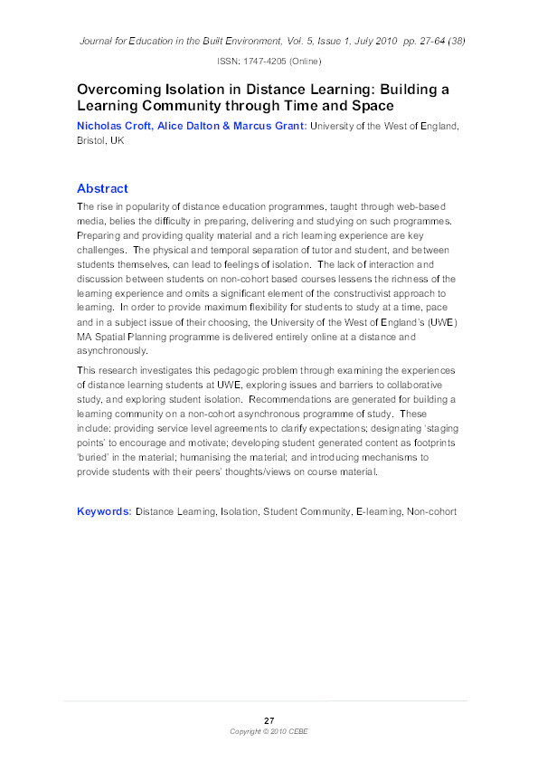 Overcoming isolation in distance learning: Building a learning community through time and space Thumbnail