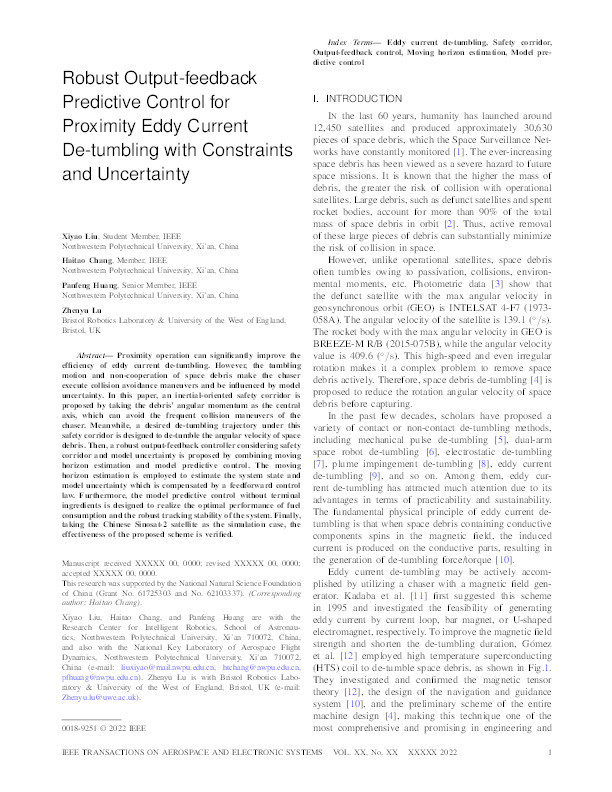 Robust output-feedback predictive control for proximity eddy current de-tumbling with constraints and uncertainty Thumbnail