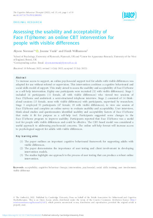 Assessing the usability and acceptability of FaceIT@home: An online CBT intervention for people with visible differences Thumbnail