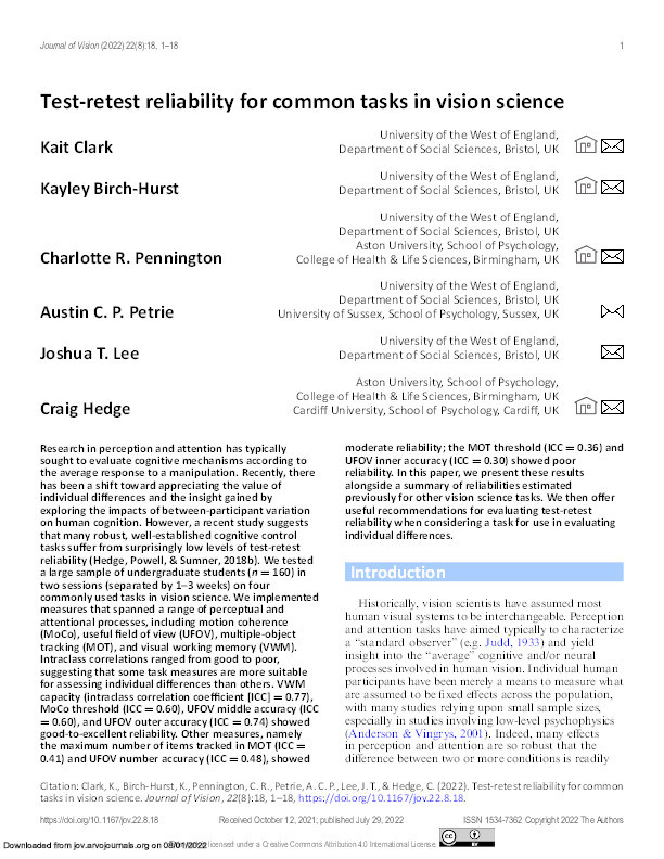 Test-retest reliability for common tasks in vision science Thumbnail