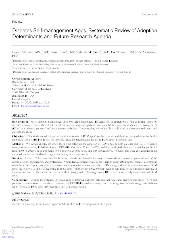 Diabetes self-management app: Systematic review of adoption determinants and future research agenda Thumbnail