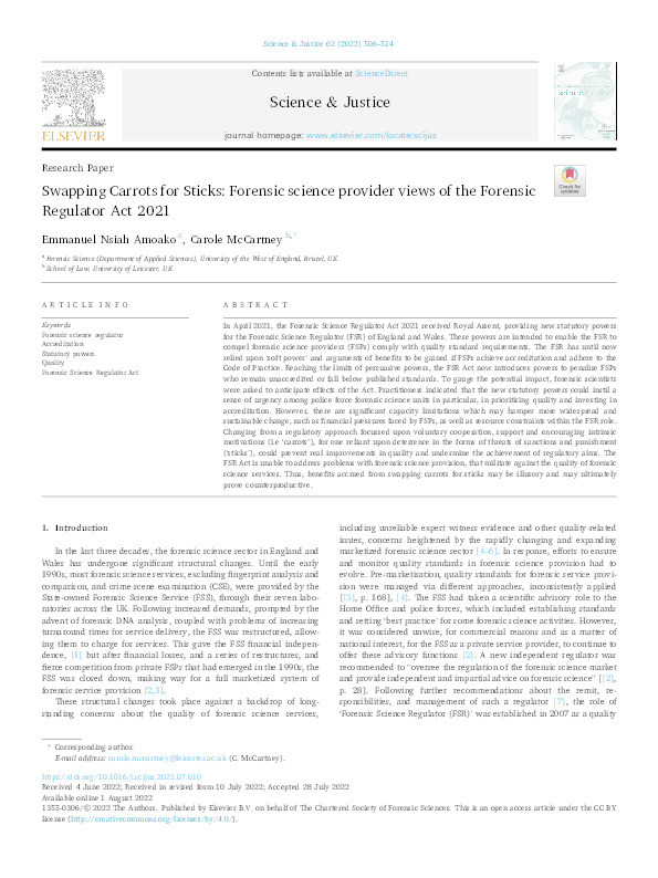 ‘Swapping Carrots for Sticks: Forensic Science Provider Views of the Forensic Regulator Act 2021’ Thumbnail