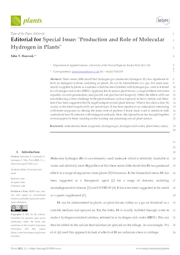 Editorial for special issue: “Production and role of molecular hydrogen in plants” Thumbnail