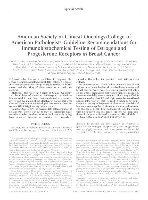 American Society of Clinical Oncology/College of
American Pathologists guideline recommendations for
immunohistochemical testing of estrogen and
progesterone receptors in breast cancer Thumbnail