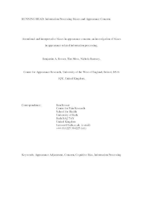 Attentional and interpretative biases in appearance concern: An investigation of biases in appearance-related information processing Thumbnail