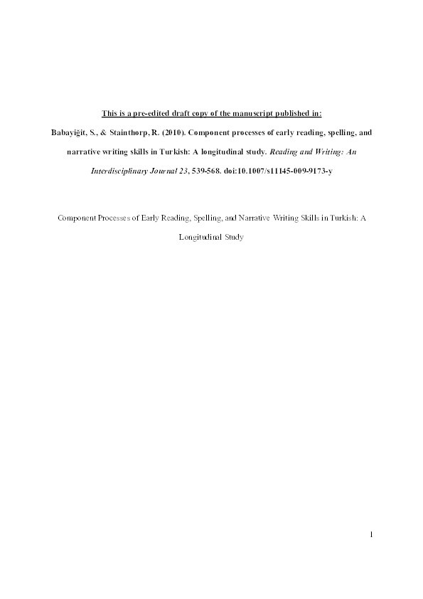 Component processes of early reading, spelling, and narrative writing skills in Turkish: A longitudinal study Thumbnail