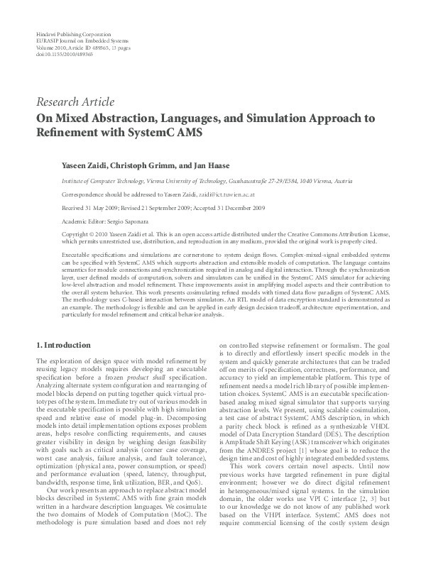On mixed abstraction, languages and simulation approach to refinement with SystemC AMS Thumbnail