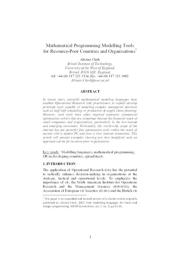 Mathematical programming modelling tools for resource-poor countries and organisations Thumbnail