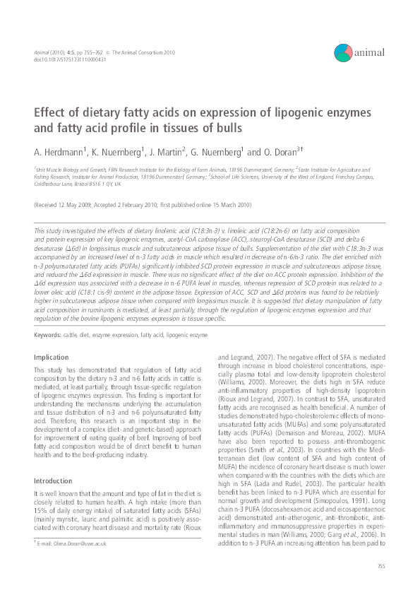 Effect of dietary fatty acids on expression of lipogenic enzymes and fatty acid profile in tissues of bulls Thumbnail