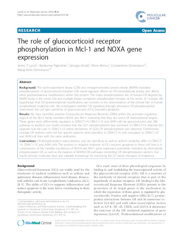 The role of glucocorticoid receptor phosphorylation in Mcl-1 and NOXA gene expression Thumbnail
