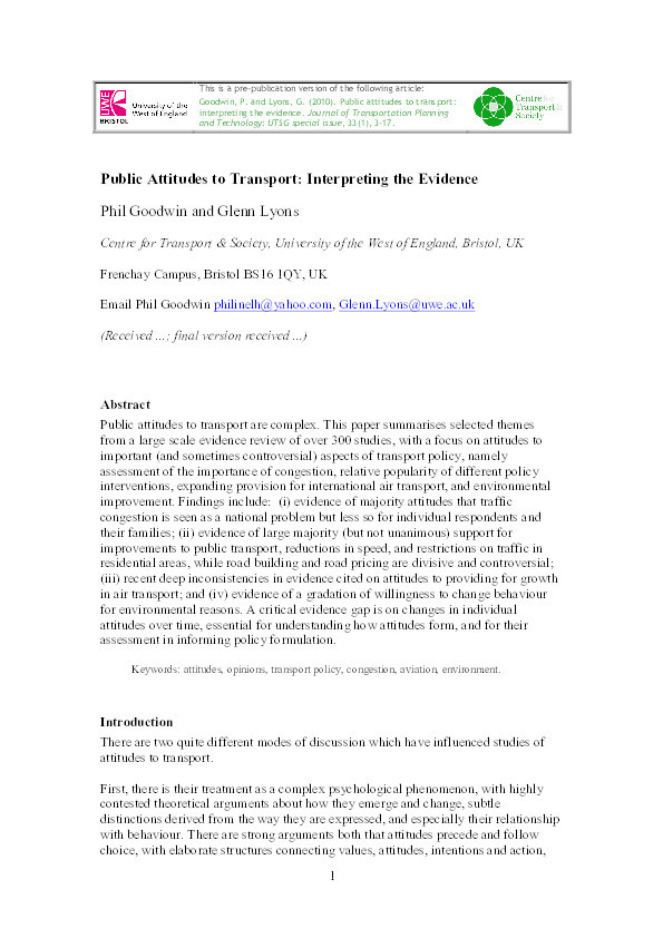 Public attitudes to transport: Interpreting the evidence Thumbnail