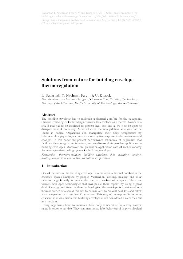 Solutions from nature for building envelope thermoregulation Thumbnail