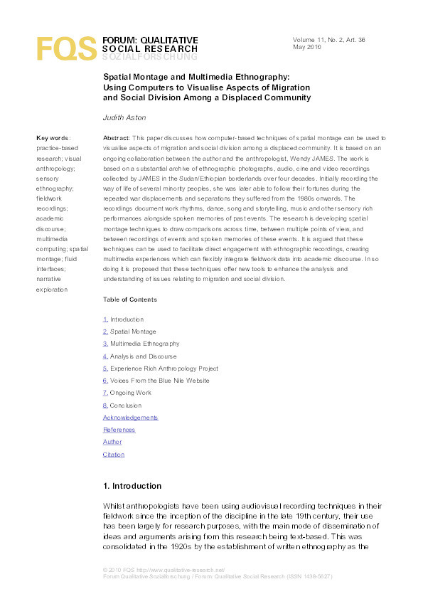 Spatial montage and multimedia ethnography: Using computers to visualise aspects of migration and social division among a displaced community Thumbnail