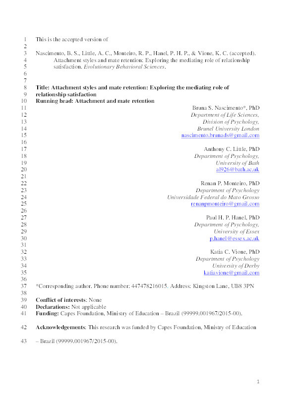 Attachment styles and mate-retention: Exploring the mediating role of relationship satisfaction Thumbnail