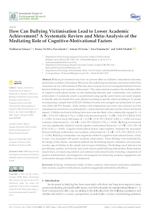 How can bullying victimisation lead to lower academic achievement? A systematic review and meta-analysis of the mediating role of cognitive-motivational factors Thumbnail